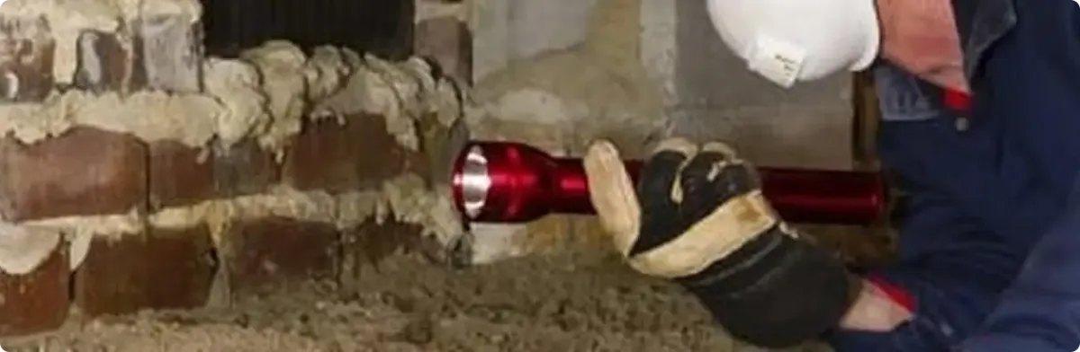 Pest control technician inspecting a crawl space for ant activity in Boston, MA