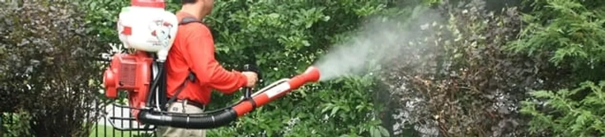 Mosquito control technician fogging shrubs and landscaping for mosquito treatment in Cambridge, MA