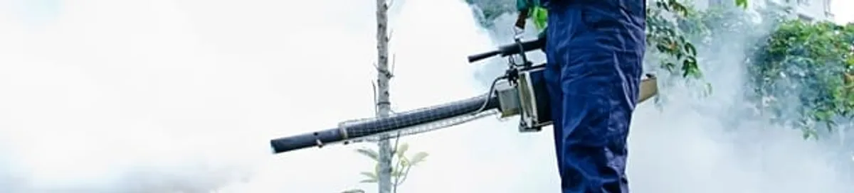 Pest control technician fogging an outdoor area for insect control in Cambridge, MA