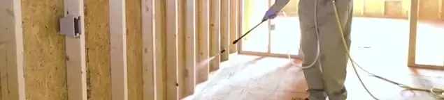 Termite treatment technician applying spray along framing and unfinished walls in Cambridge, MA